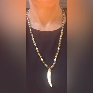 Earthy Toned Semi-Precious Beaded Necklace with Ivory Tusk Pendant